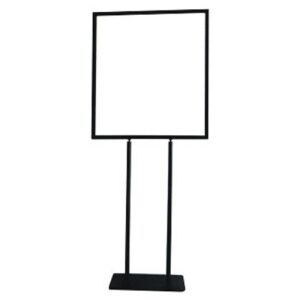 A black sign stand with a white board on top.