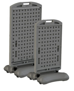 A pair of grey plastic carts with wheels.