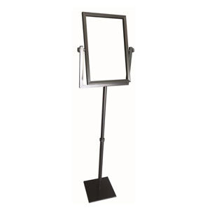 A black metal sign stand with a white board on top.