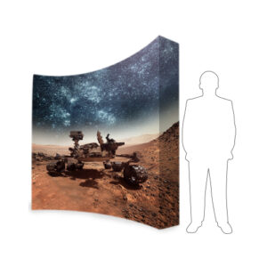 A person standing next to an image of a space scene.