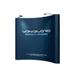 A blue and white curved display with the words vanguard precision on it.