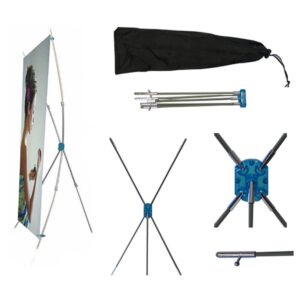 A set of various items that include an x-stand, tripod and bag.