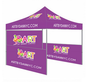 A purple tent with the word " art " on it.