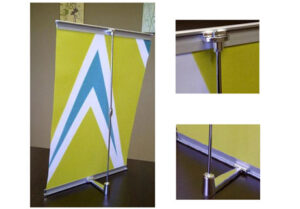 A collage of different angles of a banner stand.