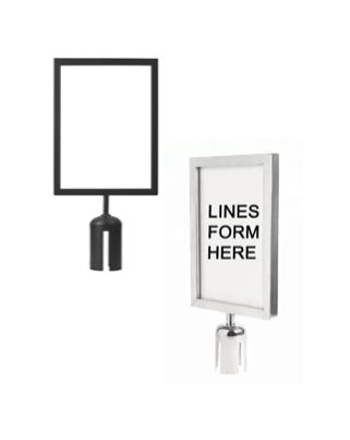 A black and white picture frame next to a silver sign holder.